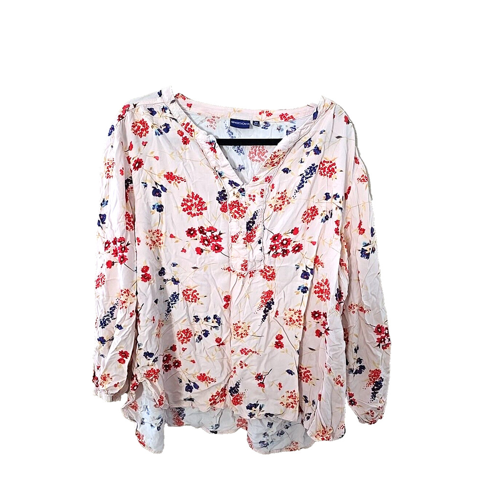 NorthCrest Pink Floral Split Neck Long Sleeve Boho Peasant Top Womans Size 2X
